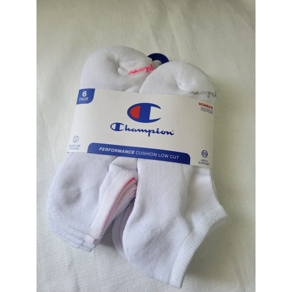 CHAMPION SOCKS WOMEN'S - LOW CUT  WHITE  - SHOE SZ 4-10 PACK 6